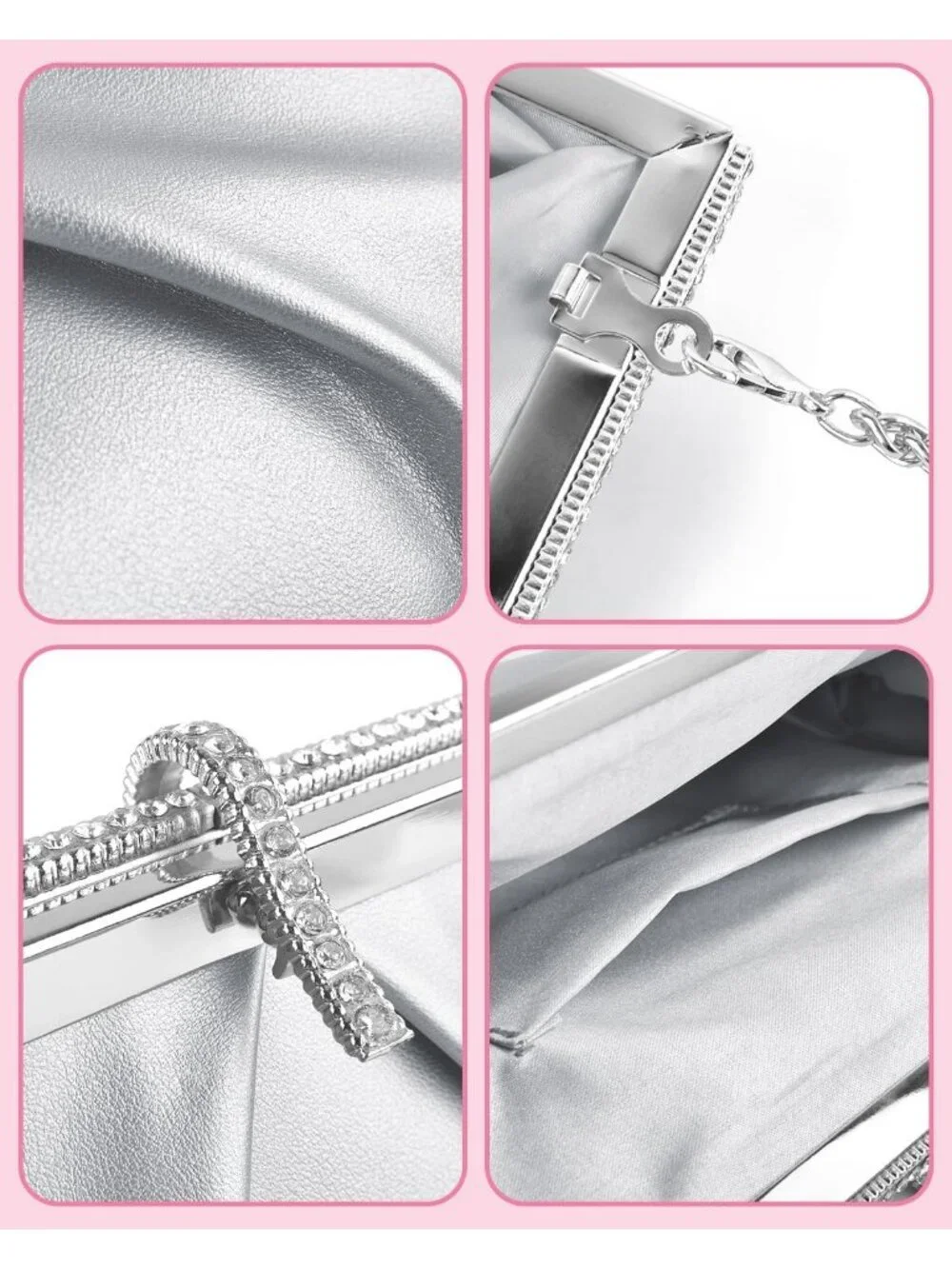 Women's Silver Pu Leather Clutch Purse For Formal Evening Shoulder Party Bag